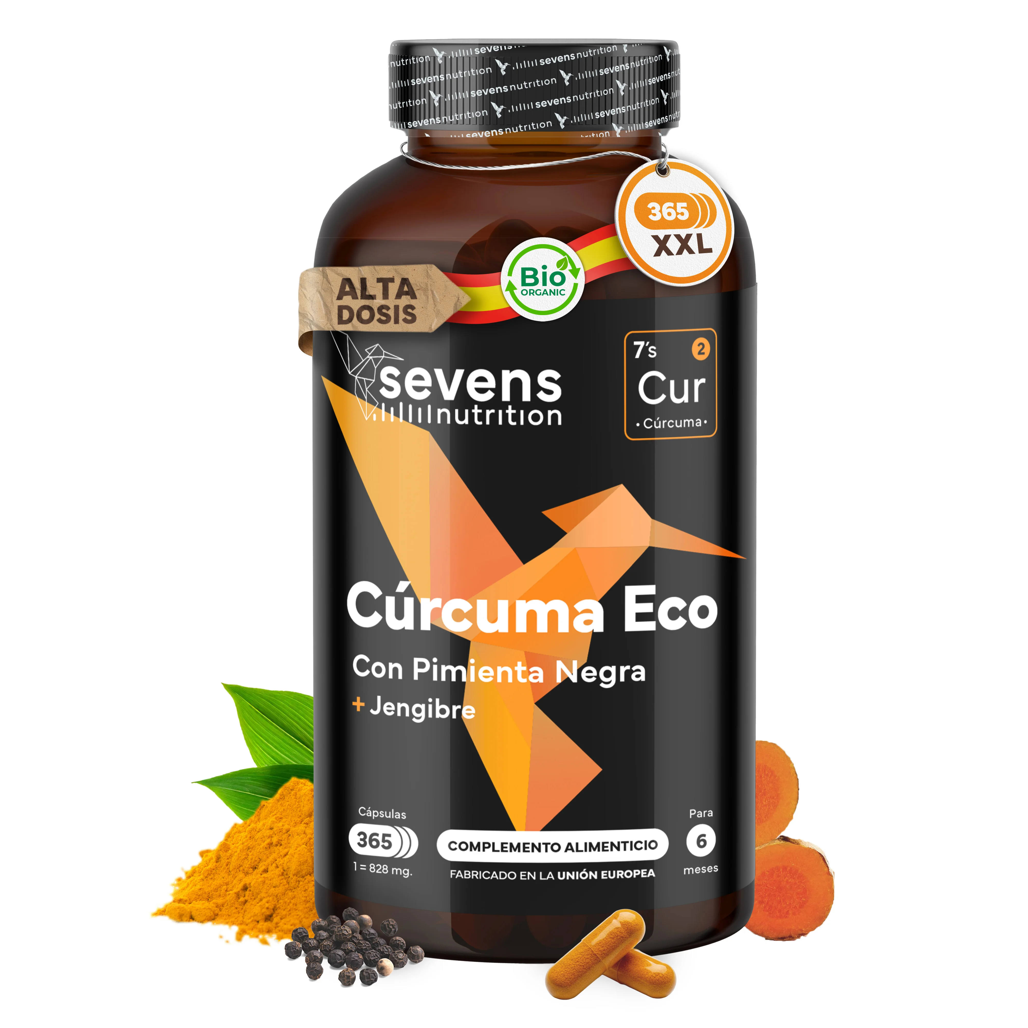 Cúrcuma Bio con Jengibre y Pimienta Negra – 365 Cápsulas – Sevens Nutrition