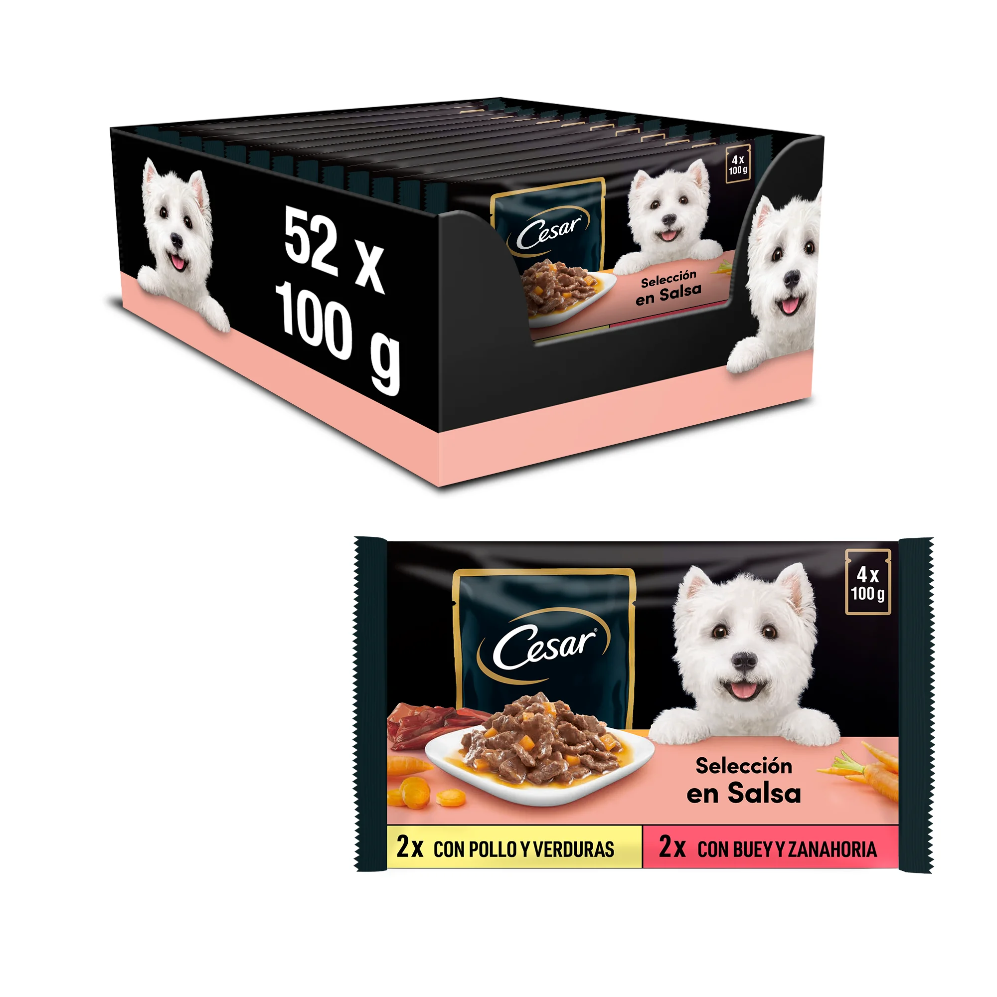 Cesar Comida Húmeda para Perros, Selección Carnes Mixtas en Salsa, Multipack (Pack de 13 x 4 bolsitas x 100g)
