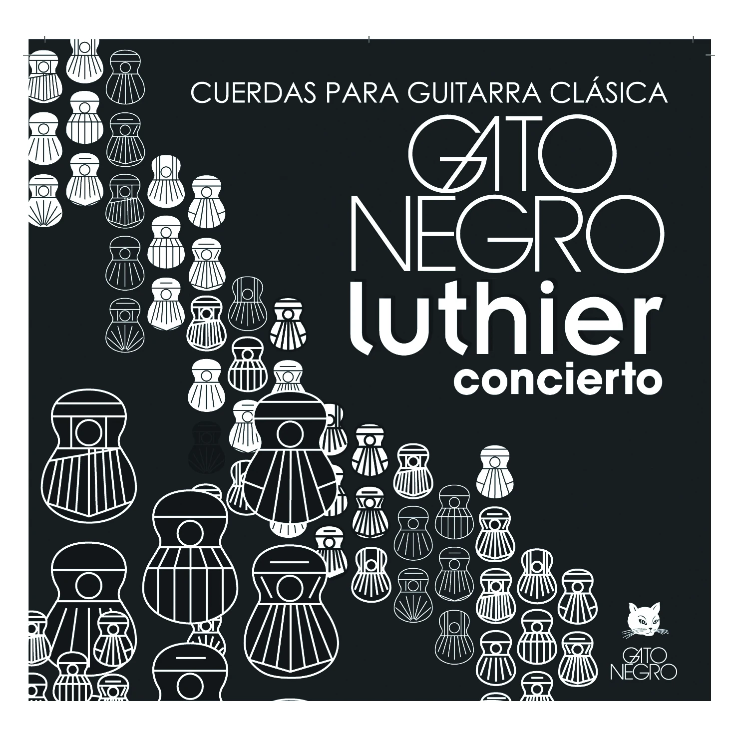 Juego de cuerdas para Guitarra Clásica Gato Negro Luthier. Fabricadas en nylon y los bajos entorchados de acero plateado de alta calidad.