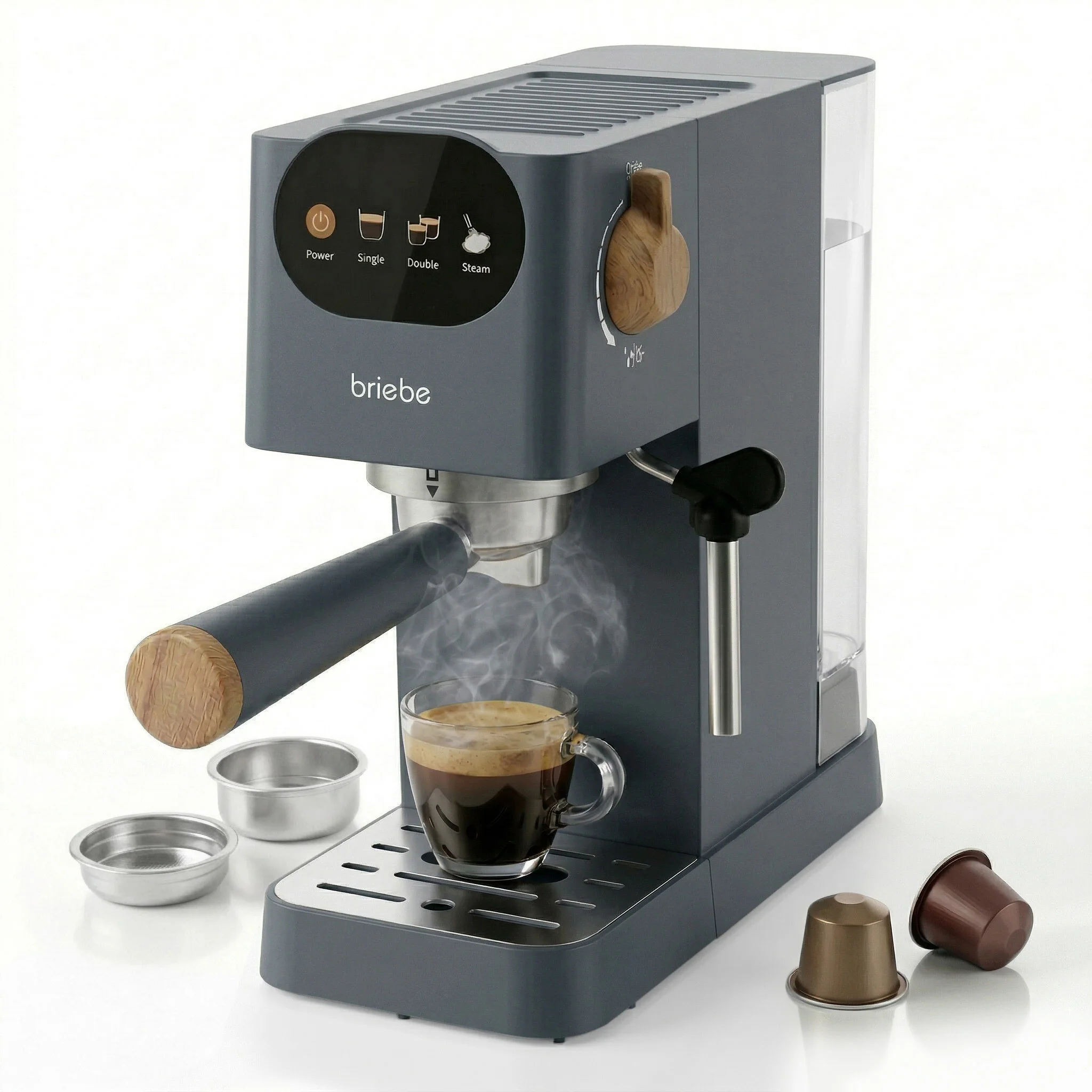 Briebe EC1180GRY Nordic Cafetera Espresso 20 Bares Compatible Cápsulas Nespresso y Café Molido Espumador Leche, 1350W, Gris