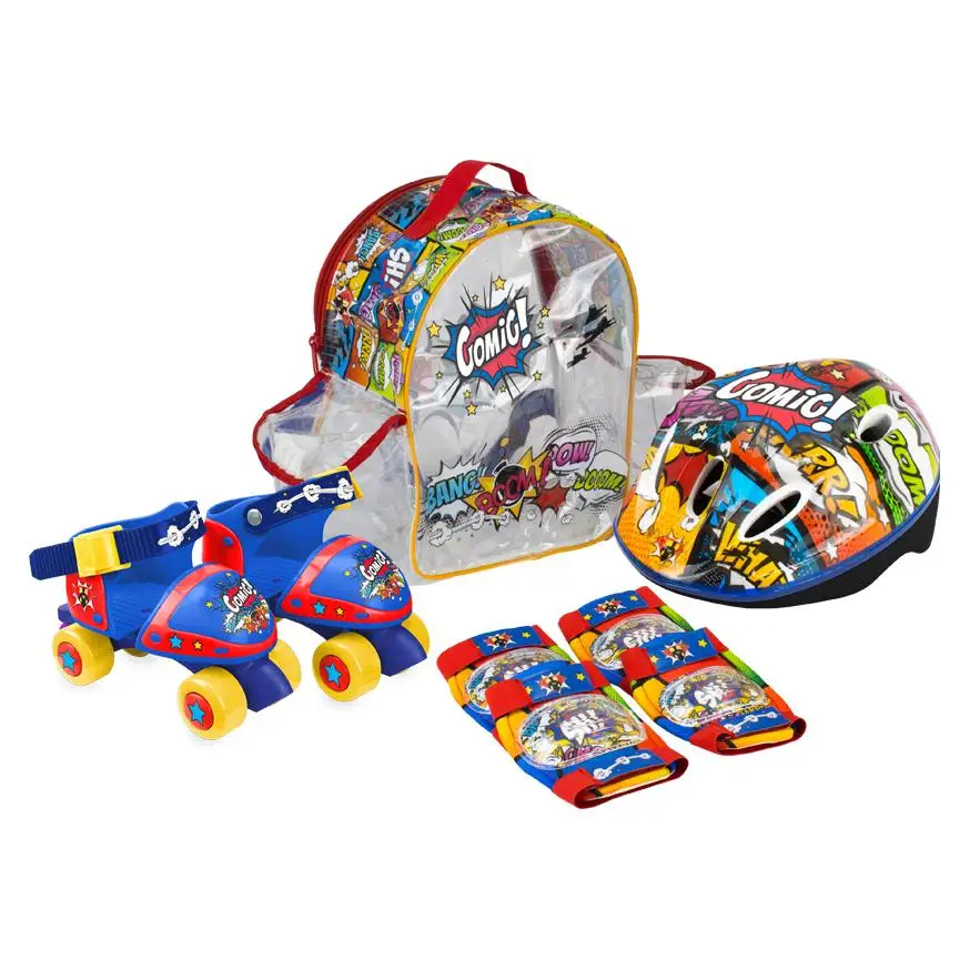 Mochila de Patines Infantiles mini Roller de 4 ruedas,Casco y Protecciones,con diseños exclusivos de Comic (9745) Patines tallas ajustables 24-29. Compuesto por rodilleras y coderas. Set completo y