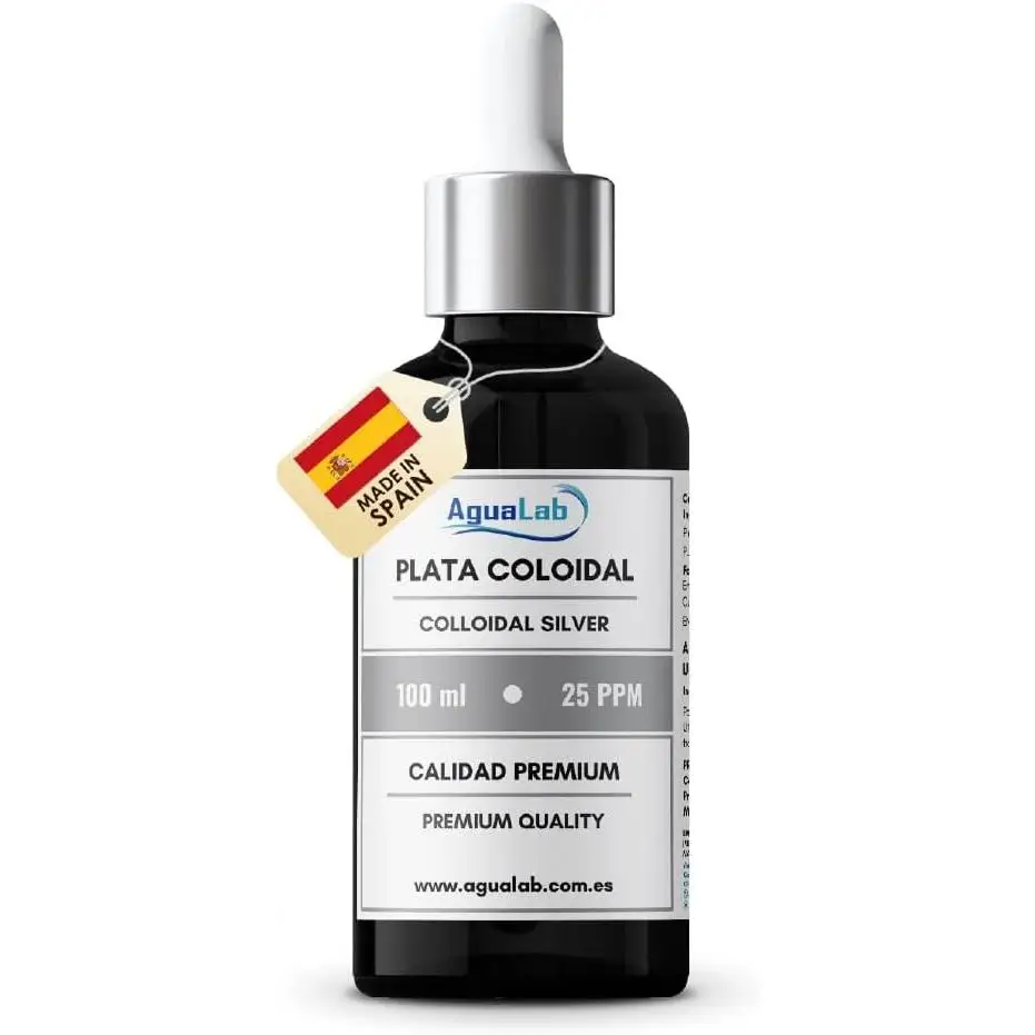 Plata Coloidal 25 ppm de Agualab – 100 ml de Alta Pureza, Registro Legal en España, para Potabilización, Envase con Gotero