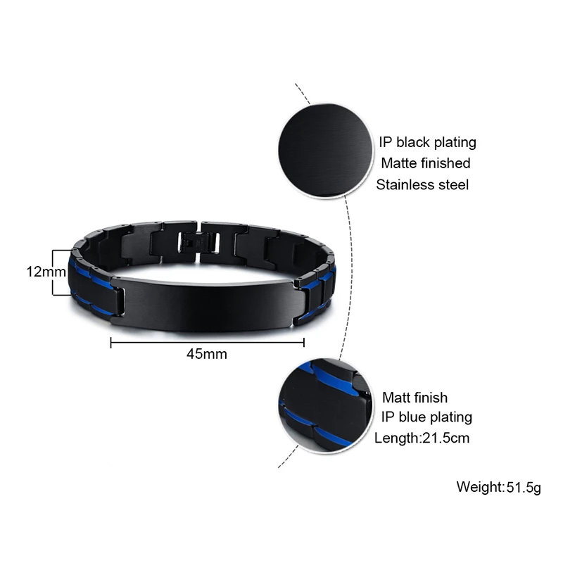 Vnox Men Personalized Custom Engrave ID Bracelets Black and Blue Color Stainless Steel Link Chain 8.46"