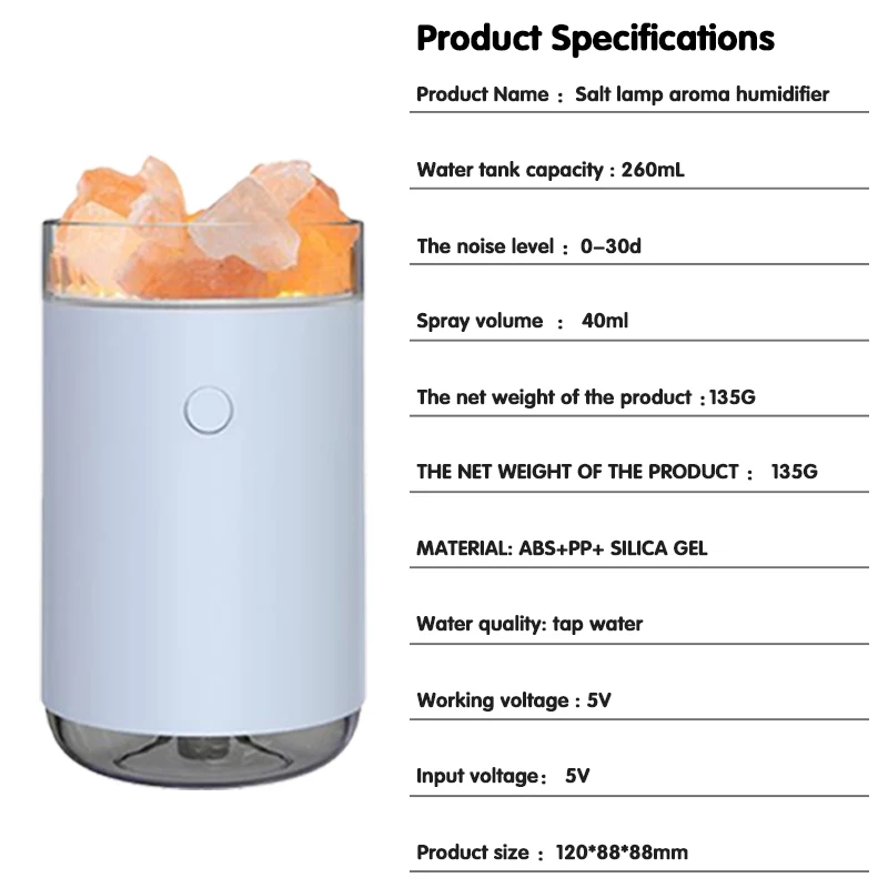 แบบพกพา260ML หินเกลือคริสตัล Aromatherapy Humidifiers อัลตราโซนิก Humidifier USB Cool Fogger ที่มีสีสันบ้าน