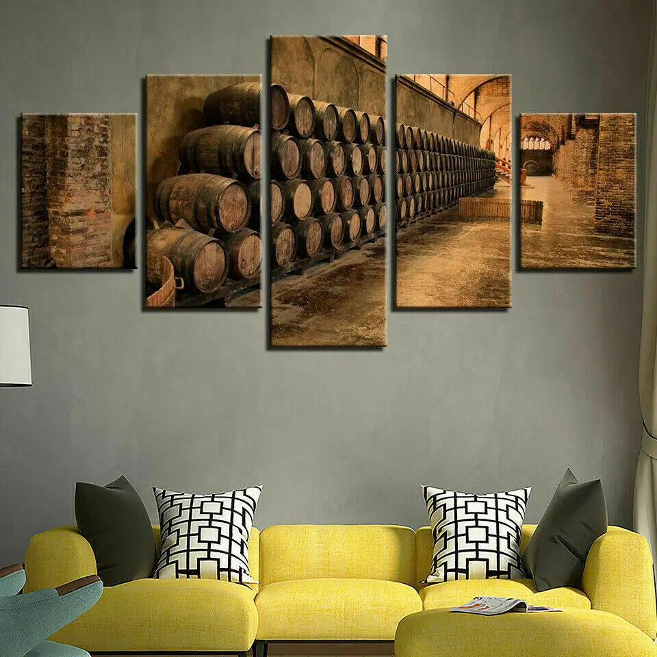 

No Framed Canvas 5 Pcs Wine Cellar Wine Barrels Vintage Wall Art Posters Picture Painting Home Decor for Living Room Decoration