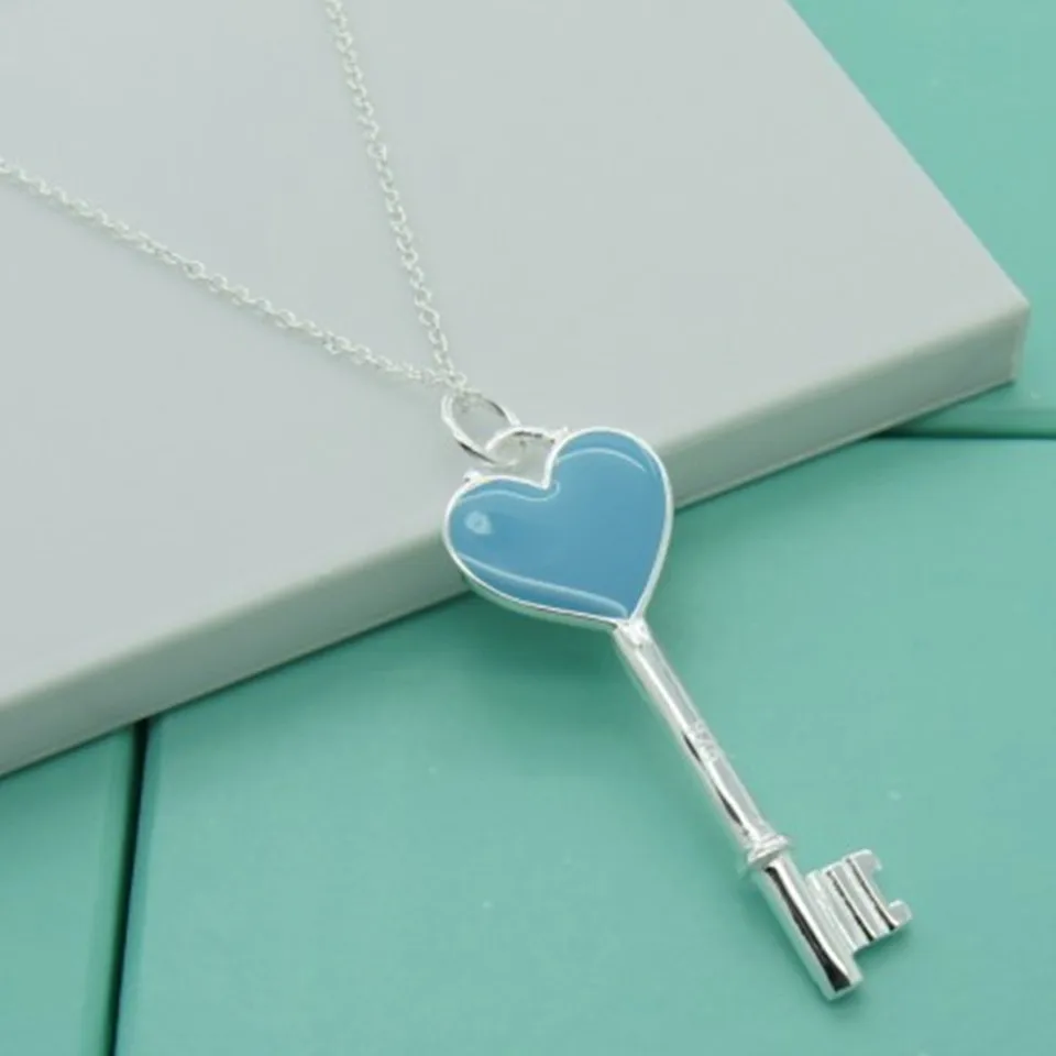 925 Sterling Silver Women Fine Fashion Cute Blue Heart Key Necklace For Girl Pendants Top Quality Jewelry