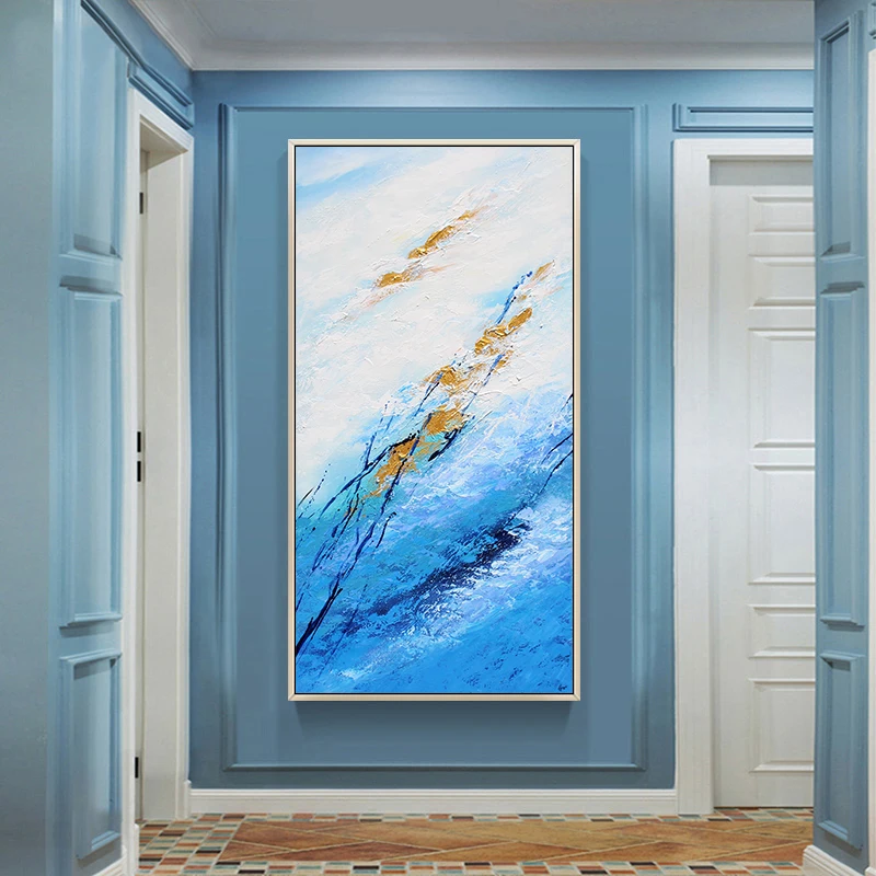 Modern Minimalist Hand-Painted Abstract Oil Painting of Blue Sea Entrance Living Room Dining Room Vertical Version of the Murals