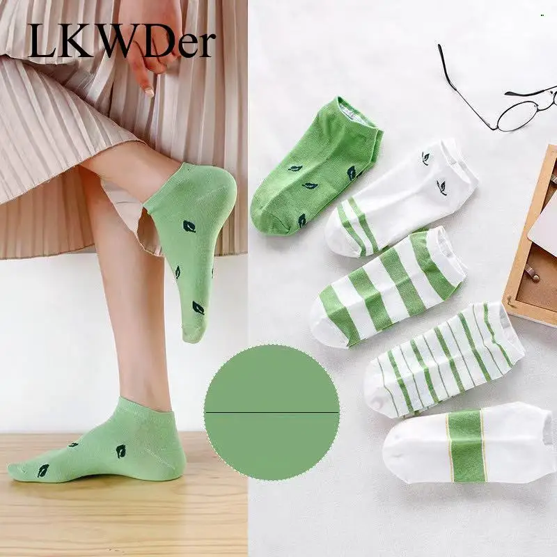 5 Pairs/lot Womens Short Socks Spring Summer Green Stripe Lattice Thin Women's Boat Socks Plaid Socks Lowtube Socks Meias Casual