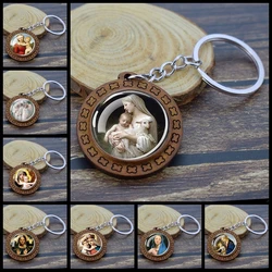 Virgin Mary and Baby Jesus Christian Catholicism Keychain Religious Catholic Saint  Glass Cabochon Wooden Keychain Jewelry Gifts