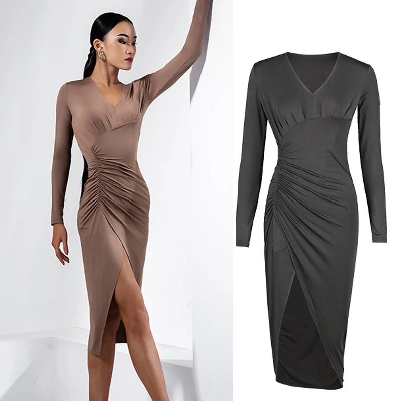 

2021 New Latin Dance Dress Female Adult Waist Ruffled High Slit Skirt National Standard Latin Dance Competition Dresses SL4660