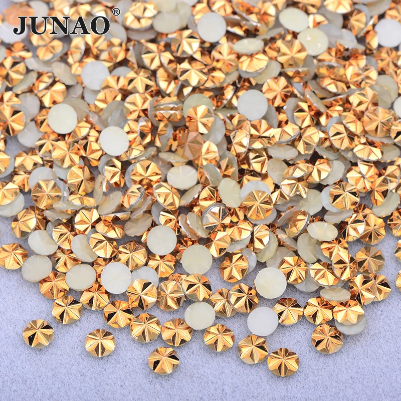 JUNAO 5mm Oro Colore della Parte Posteriore Piana Di Cristallo Del Rhinestone Appliques Colla Sul Rotonda Pietre di Cristallo Unghie Artistiche