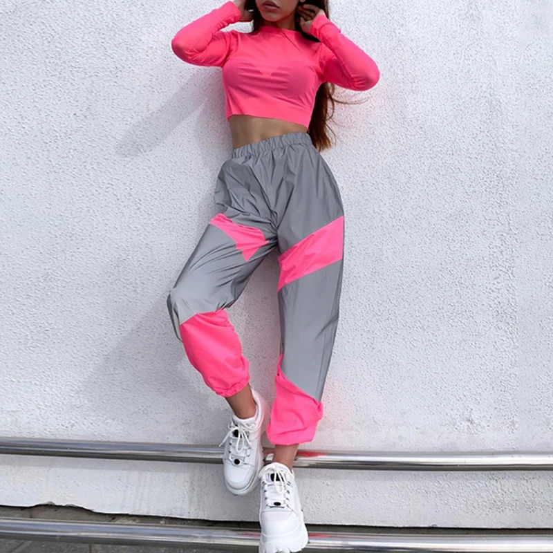 OMSJ-Calças Jogger Neon Reflexivas de Cintura Alta Feminina, Calças Cargo, Patchwork, Roupas de Streetwear, Flash, Soltas, Outono, Inverno, 2024