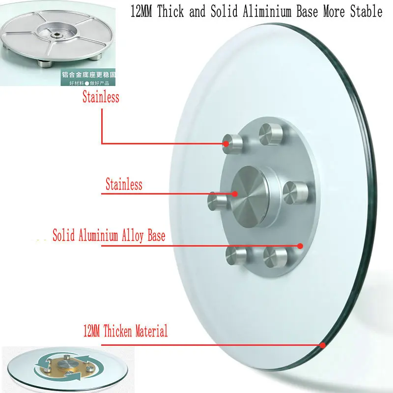 12MM Thick and Solid Aluminium Base More Stable Double Layer Tempered Glass Lazy Susan Dining Table Top Turntable Swivel Plate