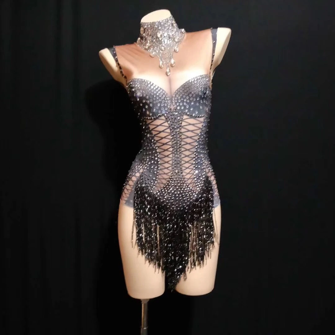 

Women Sparkling Rhinestones Tassel Bodysuit Nightclub Performance Drag Queen Costume