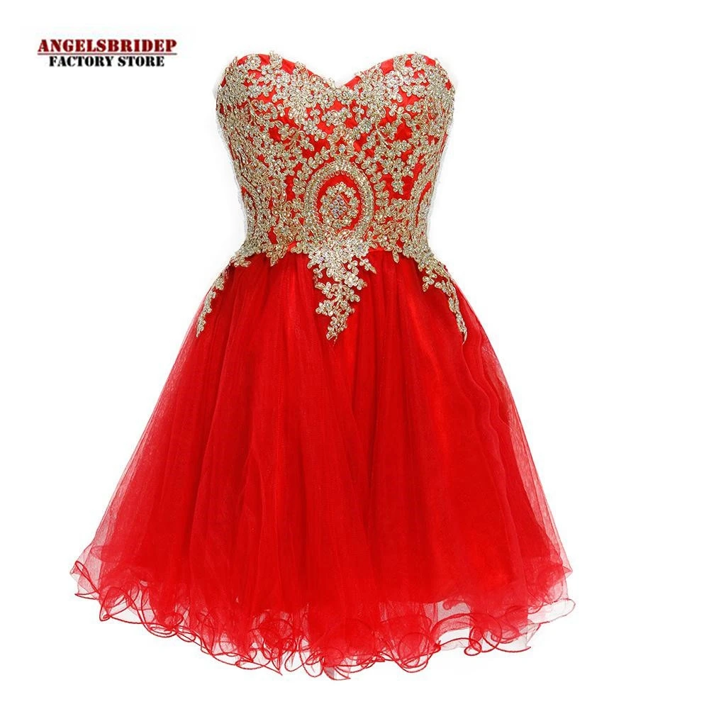 

Fashion Sweetheart Tulle Homecoming Dresses Vestidos De Festa Gold Appliques Ruffles Graduation Formal Party Gowns