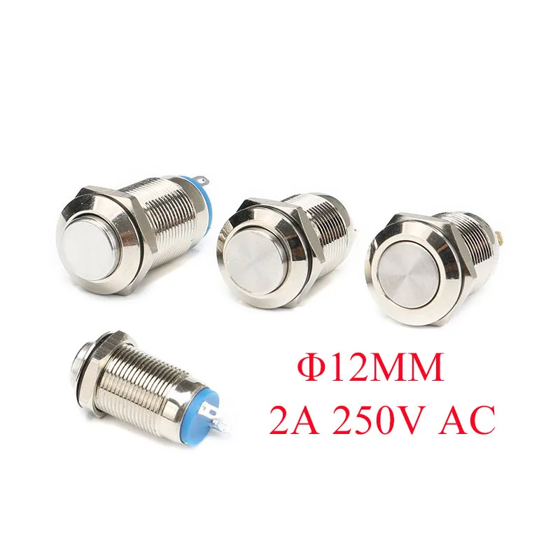 

12 мм 1NO Выключатель без фиксации кнопочный переключатель, высокая плоская головка, водонепроницаемый металлический переключатель, 2 А, 250 В переменного тока