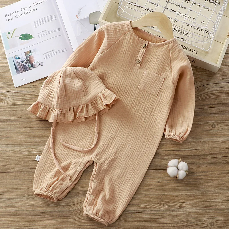 Baby Boys Girls Clothes Newborn Romper + Hats Muslin Cotton Long Sleeved Jumpsuit 0-2 Years