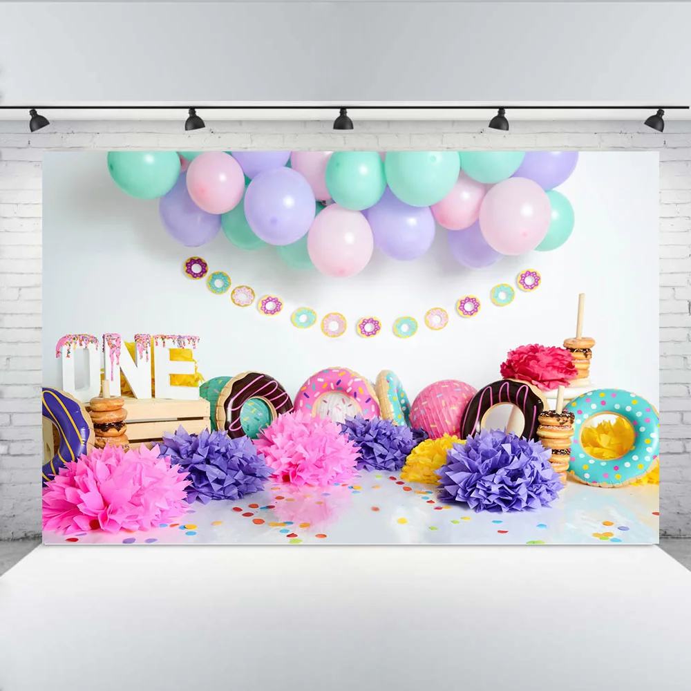 Baby 1st Birthday Party Backdrop Balloon White Wall Donuts Family Shoot Baby Kids Portrait Photo Backdrop Photography Background