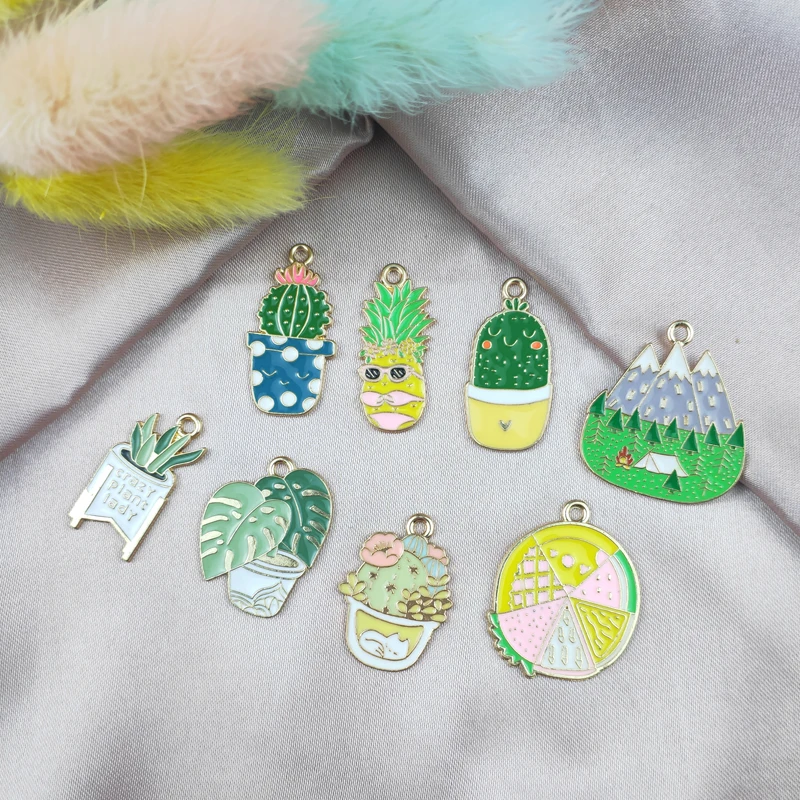 10pcs Enamel Green Plant Potted Cactus Metal Charms Pendants Fit Earring Bracelet Floating Fit Jewelry DIY Accessory Golden Base