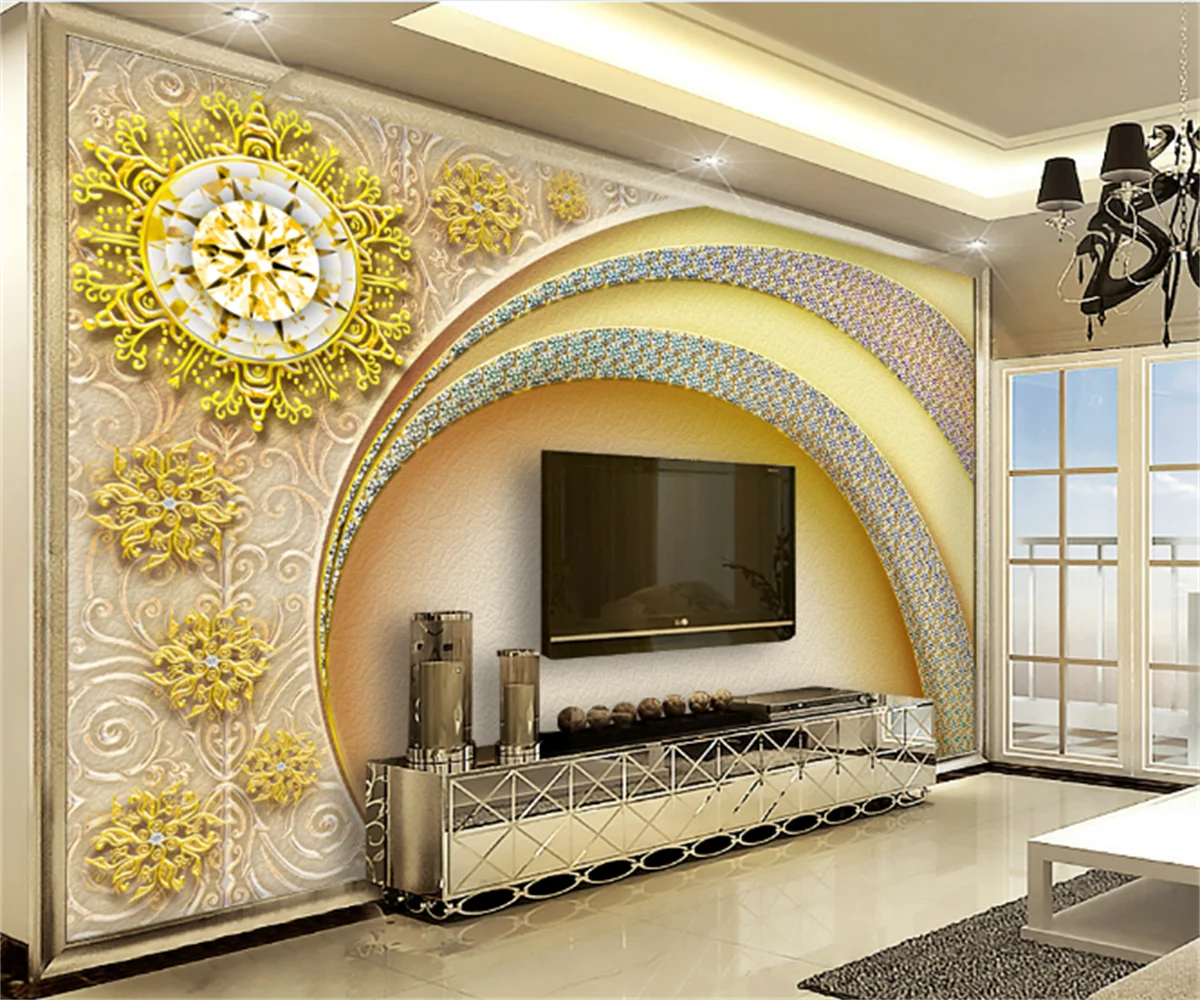 

European and American style diamond door gold flower luxury living room bedroom wall stickers custom hotel tooling wallpaper