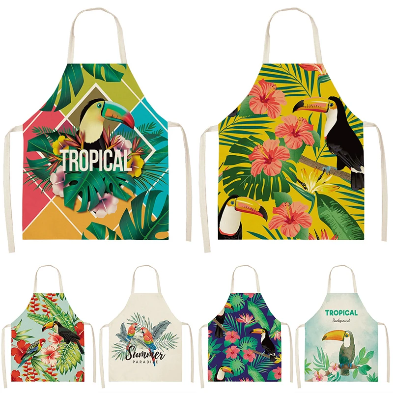 

1Pcs Color Bird Pattern Cleaning Art Green Aprons Home Cooking Kitchen Apron Cook Wear Cotton Linen Adult Bibs 53*65cm WQ0170