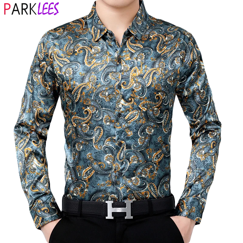 Men's Paisley Satin Luxury Dress Shirts 2020 Silk Like Smooth Men Tuxedo Shirt Slim Fit Male Wedding Social Shirt Chemise Homme