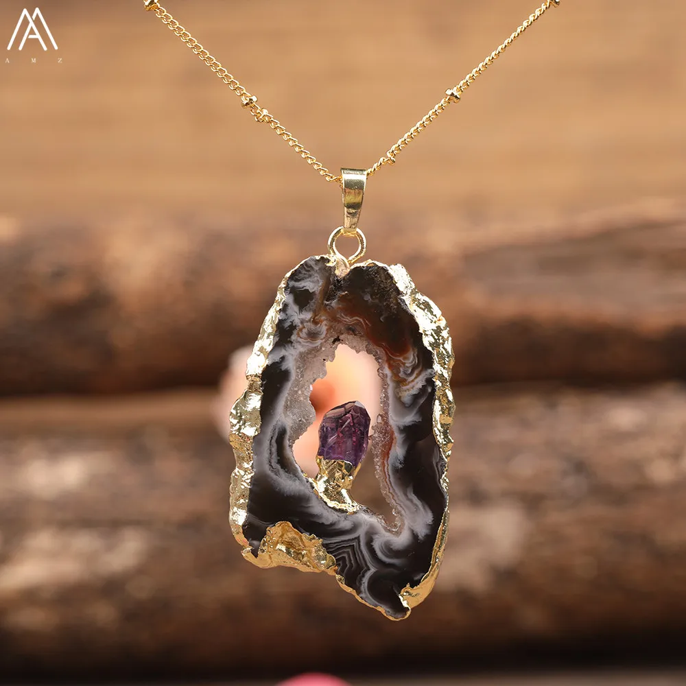 

Natural Druzy Geode Agates Stone Slab Pendant Gold Silvery Chains Necklace Women Crystal Quartz Chip Beads Necklace Jewelry Gift