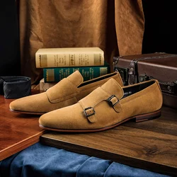 Hanmce Luxury Genuine Leather Shoes Retro Yellow Color Buckle Strap Dress Monk Shoes Men