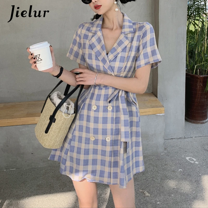 Jielur Purple Plaid Dress Women Turn-down Collar Vintage 2021 Summer Dresses New Korean Button Bow Waist Female Vestidos Ladies