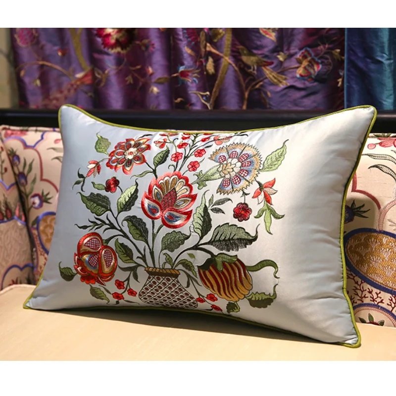 2022 Garden Cushion Cover For Couch Decorative Pillow Case National Flora Embroidery Beige Blue Sofa Chair Coussin