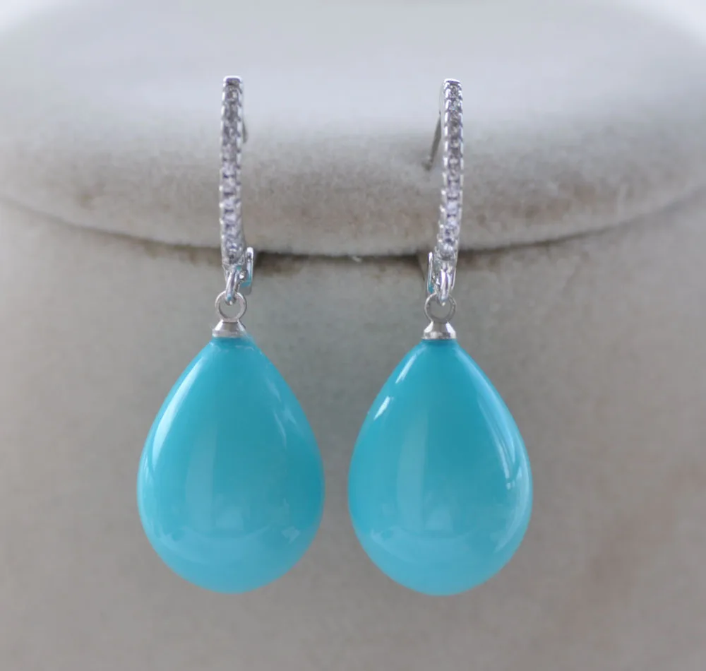 Z10945 20mm Turquoise Drip South Sea Shell Pearl Dangle Earring CZ