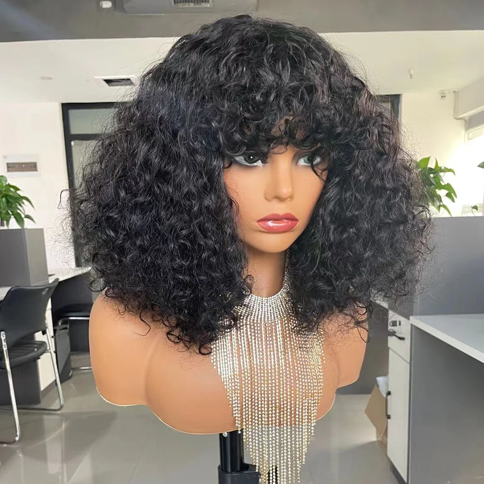 Curly Natural Human Hair Full Wig For Black Wowen Ombre Highlight 4/27 Machine Wigs With Bangs High Density