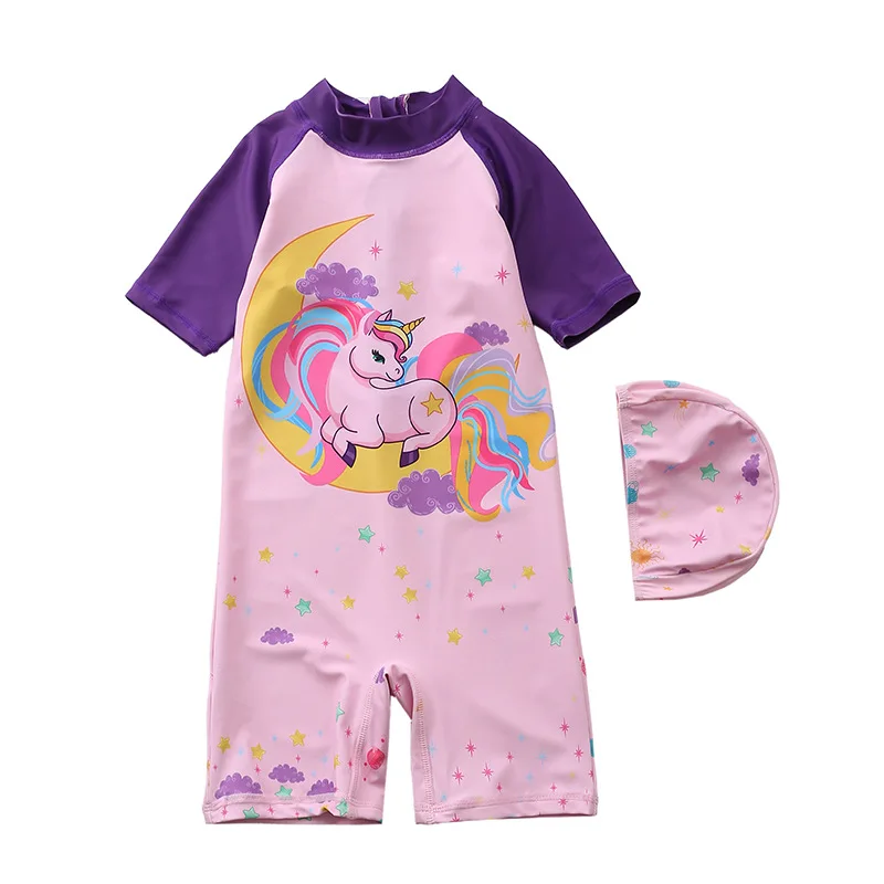 Swimsuit Baby Girl Unicorn Mermaid Girls Swimwear One Piece with Short Sleeve Sun Protection Children Swimming Suit Bath Suits