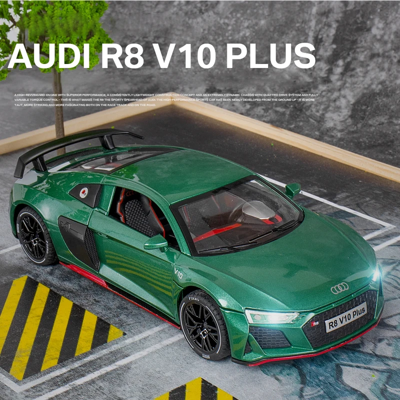 1:24 Audi R8 V10 Plus Supercar Alloy Car Model Diecast Toy Vehicle sound and light Pull Back Simitation Cars Model Toys Gift