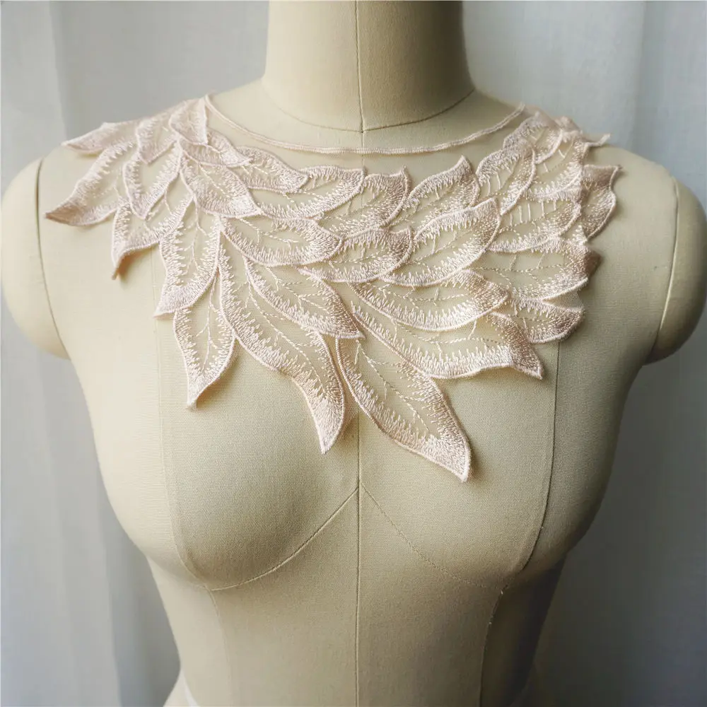 Black White Beige Feather Leaf Lace Fabric Collar Embroidered Appliques Vintage Mesh Sew Patch For Wedding Evening Dress DIY