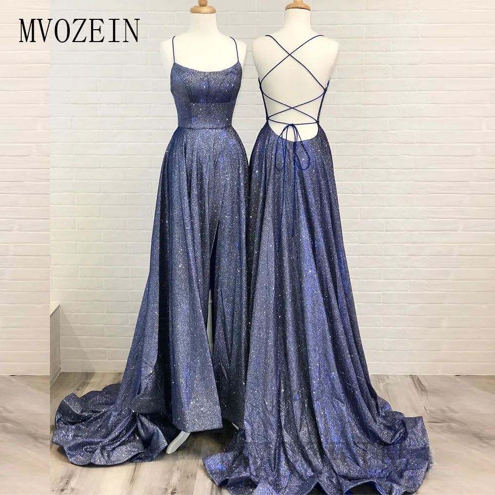 Mvozein Dark Blue Prom Dresses Spaghetti Strap Long Prom Dress Floor Length Formal Party Gowns Plus Size Vestido de festa Longo