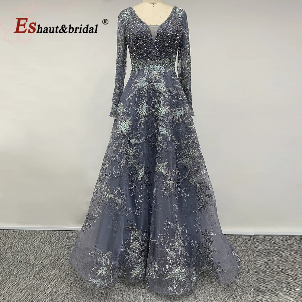 Elegant Dubai Arabic Long Sleeves Evening Night Dresses for Women 2024 Aline V Neck Crystal Lace Formal Prom Wedding Party Gowns