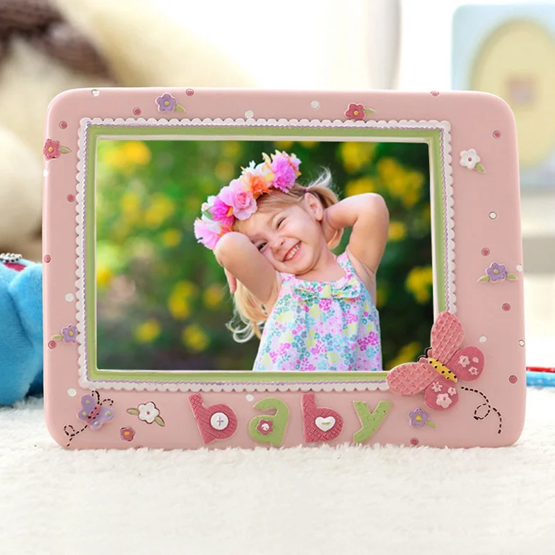 European Pink Lace With Cartoon Butterfly Baby Signs Home Tabletop Decor 7x5 Inches Baby's Resin Picture Photo Frame