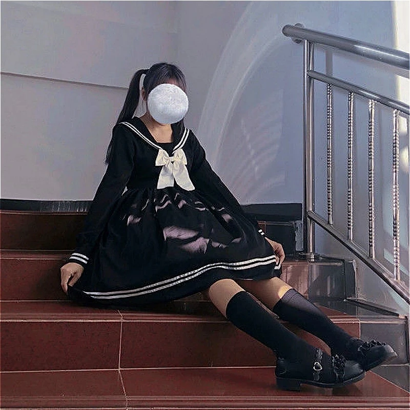 Bow Patchwork Loose A-Line Fashion Knee-Length Cute Empire Preppy Style Japanese All-match Black School Uniform