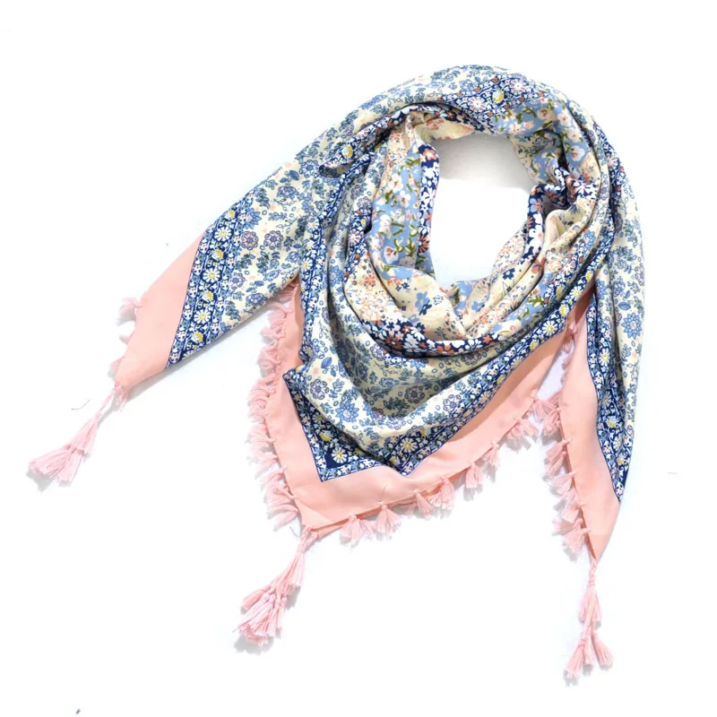 Big Square Handkerchief Boho Cotton Tassel Large Beach Russian Women's Scarf Winter Bohemian Floral Neck Wrap 115cm Foulard