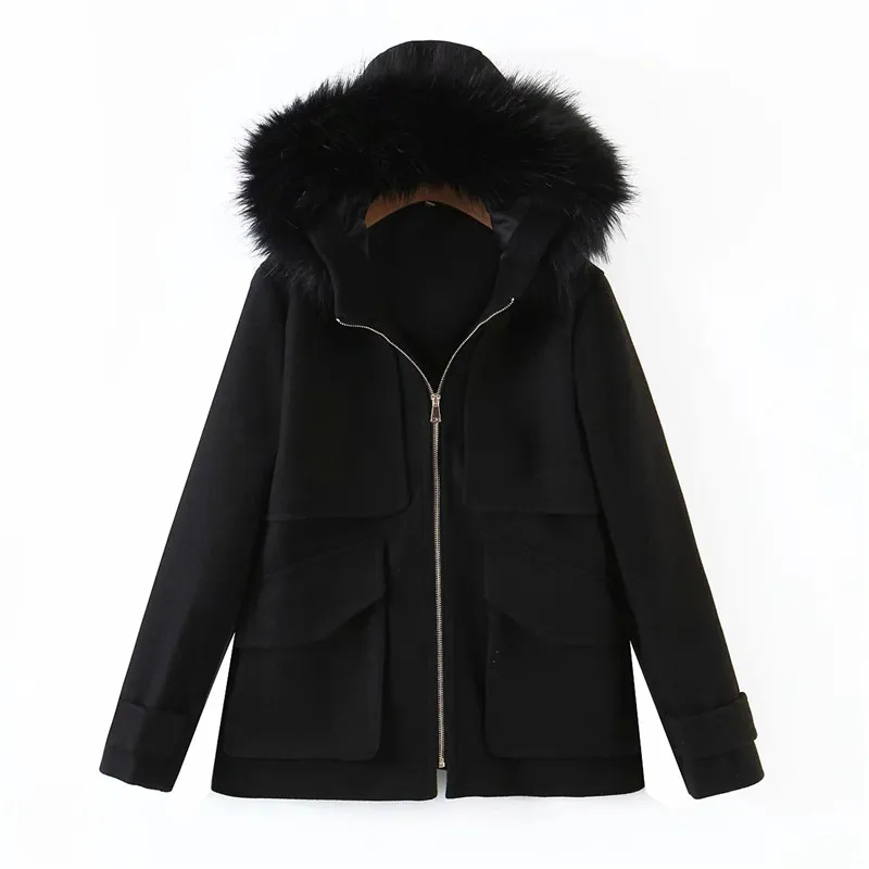 Merodi-Faux Fur Hooded Jackets for Ladies,  Black Long Coat, Female Casual Outwear, Double Pockets, Zipper, Thick, Chic, Fashion