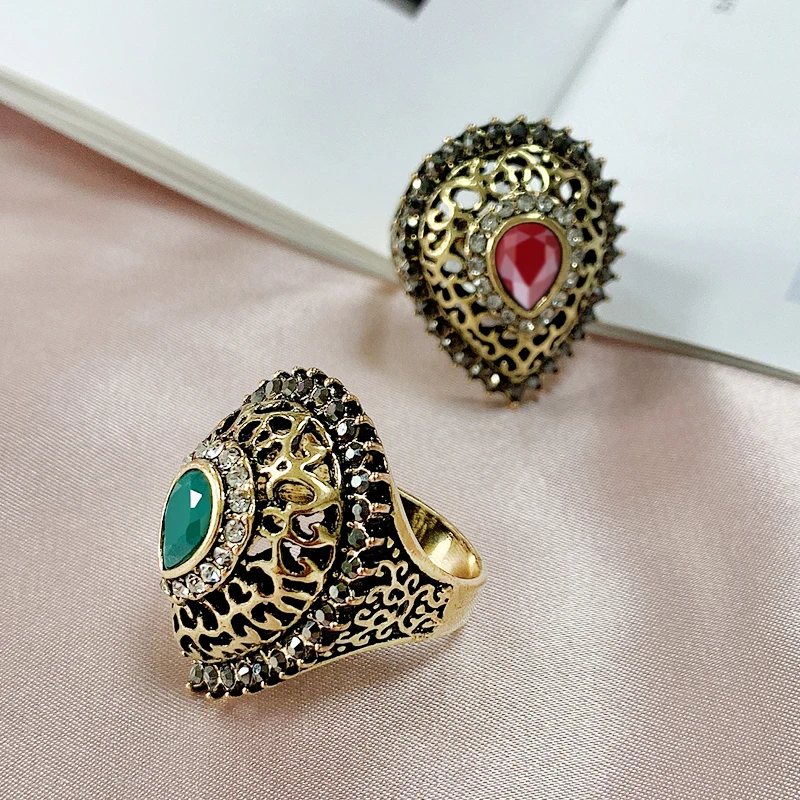 Kinel Luxury Boho Water Drop Engagement Rings For Women Antique Gold Color Vintage Crystal Jewellery Red Stone Ethnic Style Ring