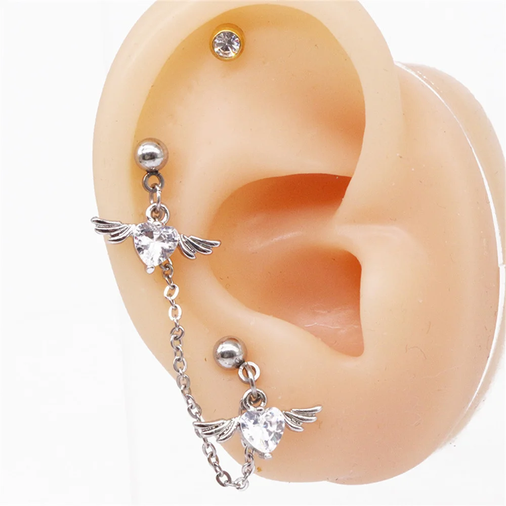 1.2mm Angel Wings Heart Double Lobe Helix Piercing Earring Chain Cartilage Earring Studs Dangle Y2K Egirl Fashion Body Jewelry