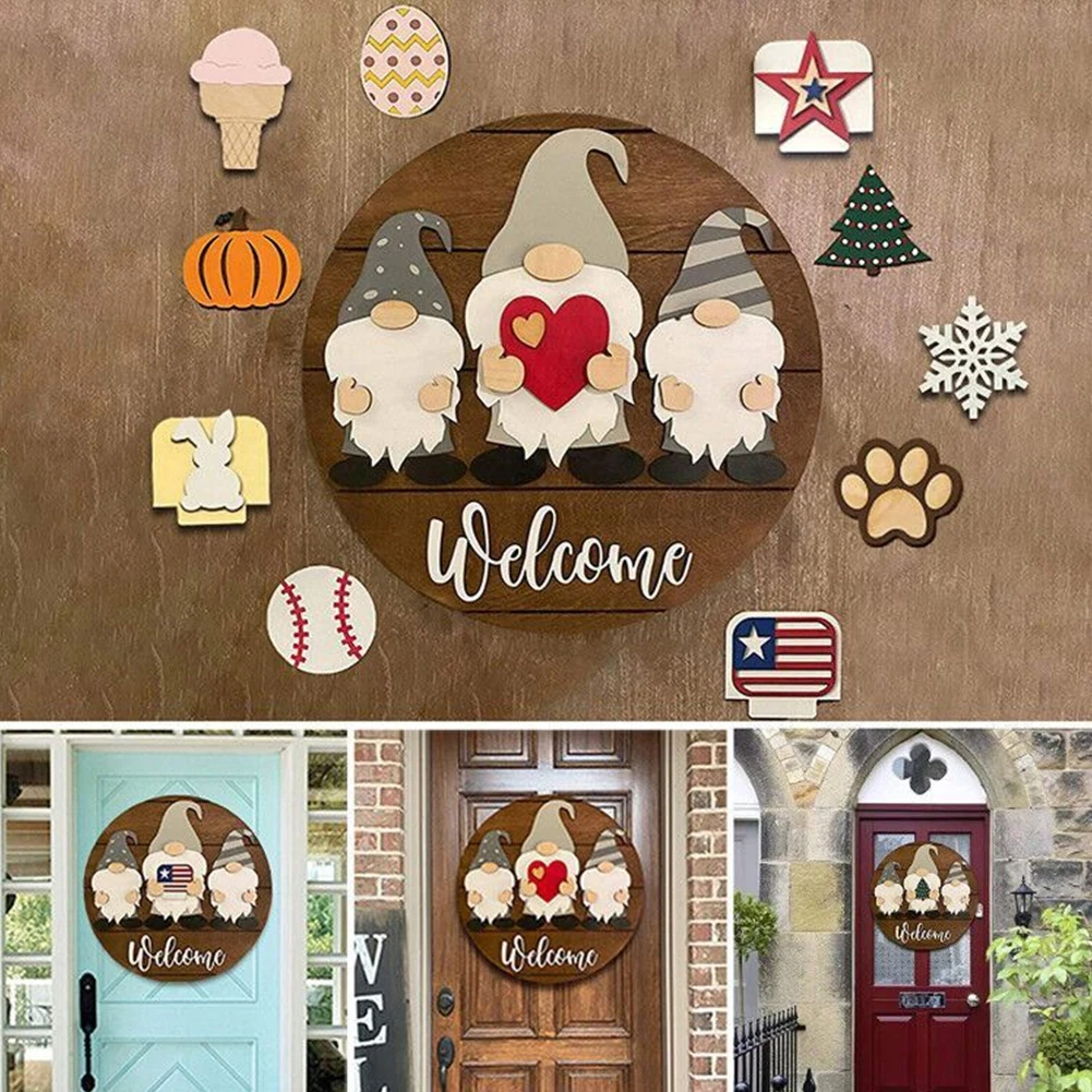 

Welcome Sign Hello Round Wood Sign Front Door Hanging Door Sign with Stickers for House Accessories Front Door Decoration