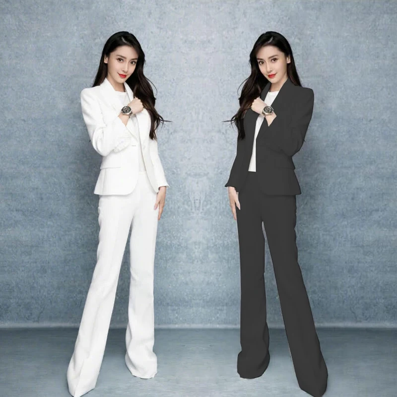 Korean women's white micro-flared trousers lotus leaf sleeve suit cover decoration was thin OL professional wear suit two-piece