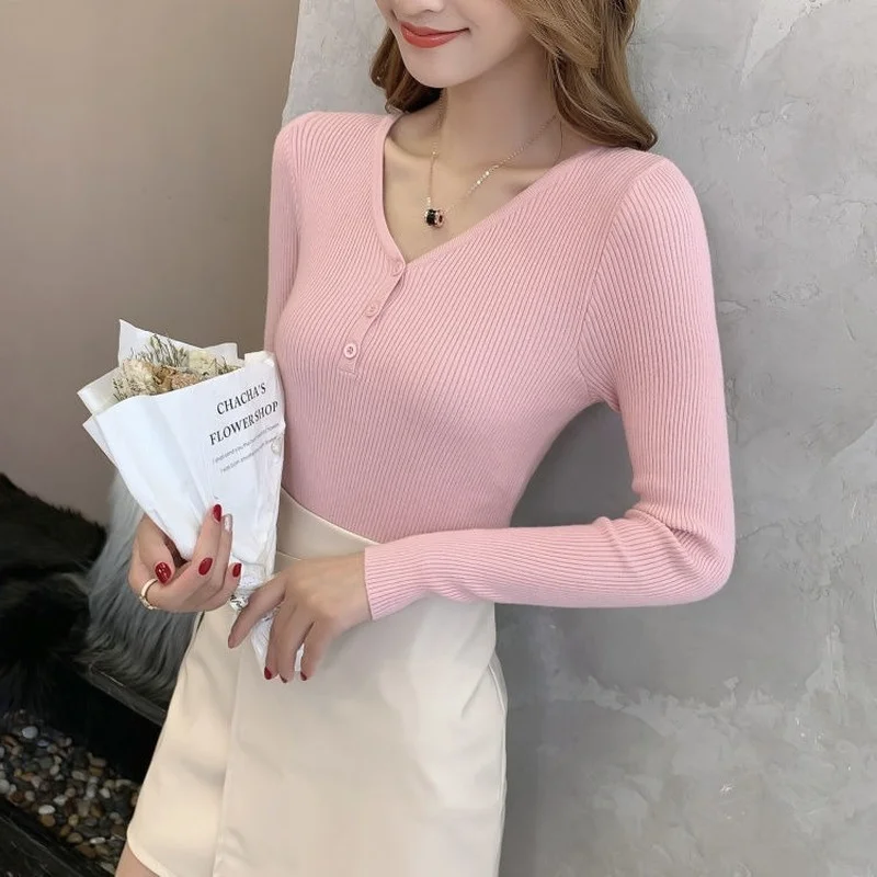 Pullovers Women V-neck Button Simple Basic Tender Feminine Spring Knitwear Popular 7 Colors Slim Comfortable Leisure Clothing