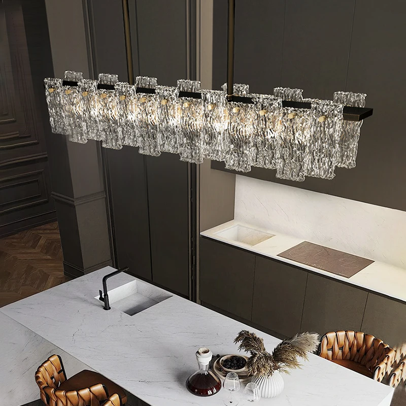 Lampadario moderno in cristallo da 100 cm Sala da pranzo Design rettangolare Sala da pranzo Isola Apparecchio di illuminazione Lampada a sospensione a LED in ottone di lusso