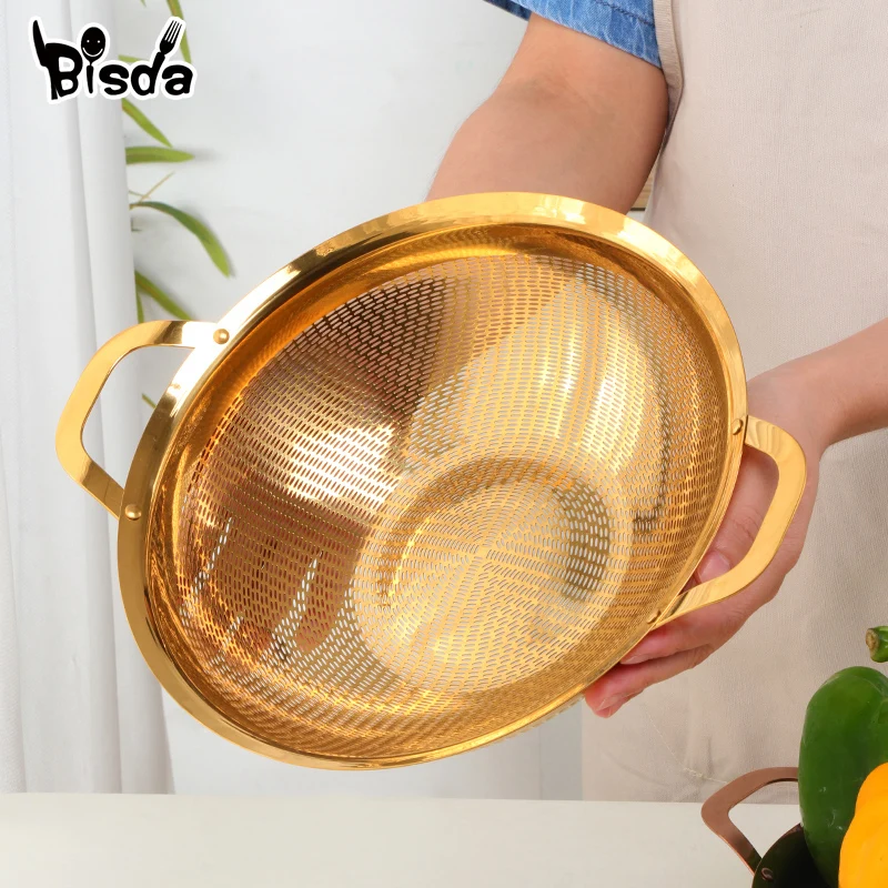 Stainless Steel Drain Basket Rice Strainers Gold Fruit Colander Rice Mesh Filter Vegetable Basket With Handle Kitchen Tool