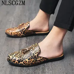 Leather Slippers for Men 2024 Mules Shoes Man Leopard Summer Slippers for Men Casual Indoor Slippers Men Half Shoes Man Sapato