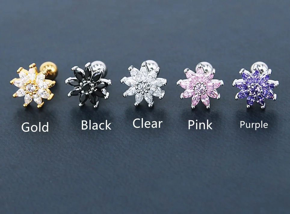 

10pcs Body Piercing jewelry- Shine CZ Flower Women Earring Ear Studs Helix Cartilage Bar Tragus Ear Piercing Jewelry 16G